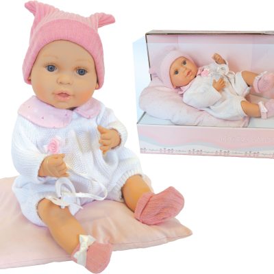 Bambola Migliorati neonata in tutina bianca con cappellino rosa a orecchie, ciuccio e cuscino